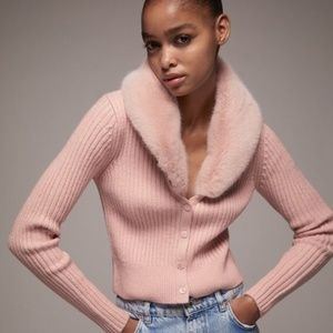 Zara Faux Fur Trim Knit Cardigan Pink